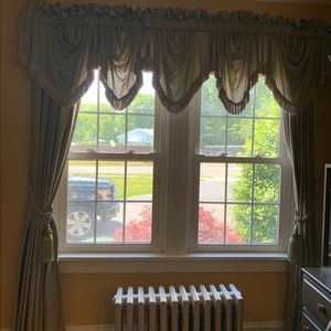 Green draw string curtains + valences & tie backs